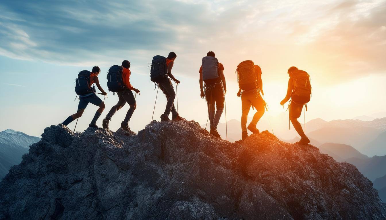 a team working together towards the same goal, taking steps at a time, climbing a mountain-1
